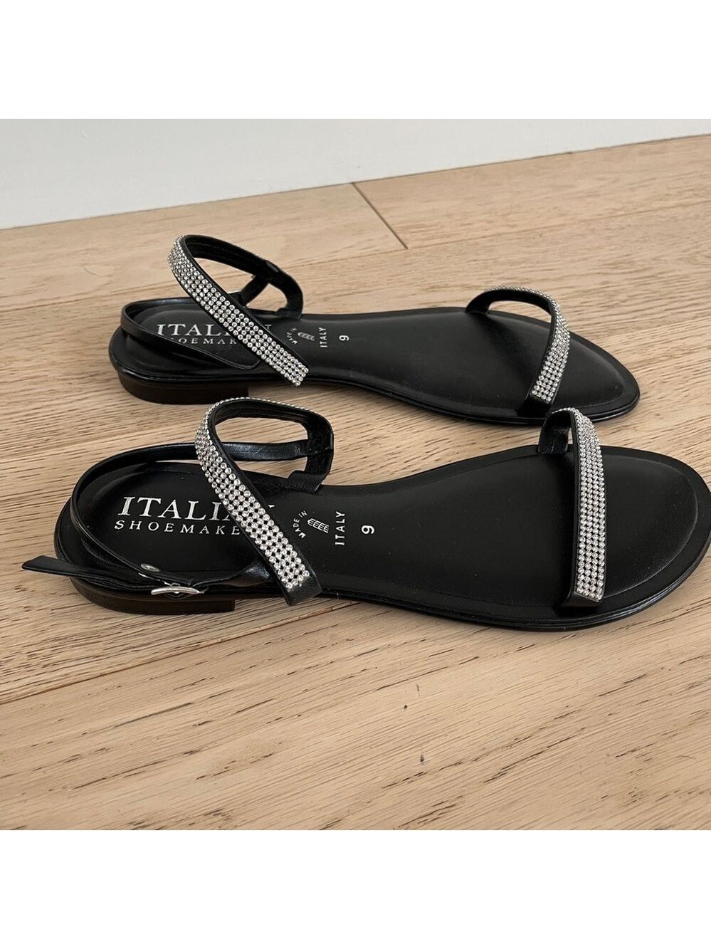 ITALIAN SHOEMAKERS Flat Double Strap Rhinestone Detail Sandal Adjustable Strap